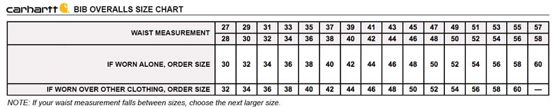 Bib Overall Size Chart